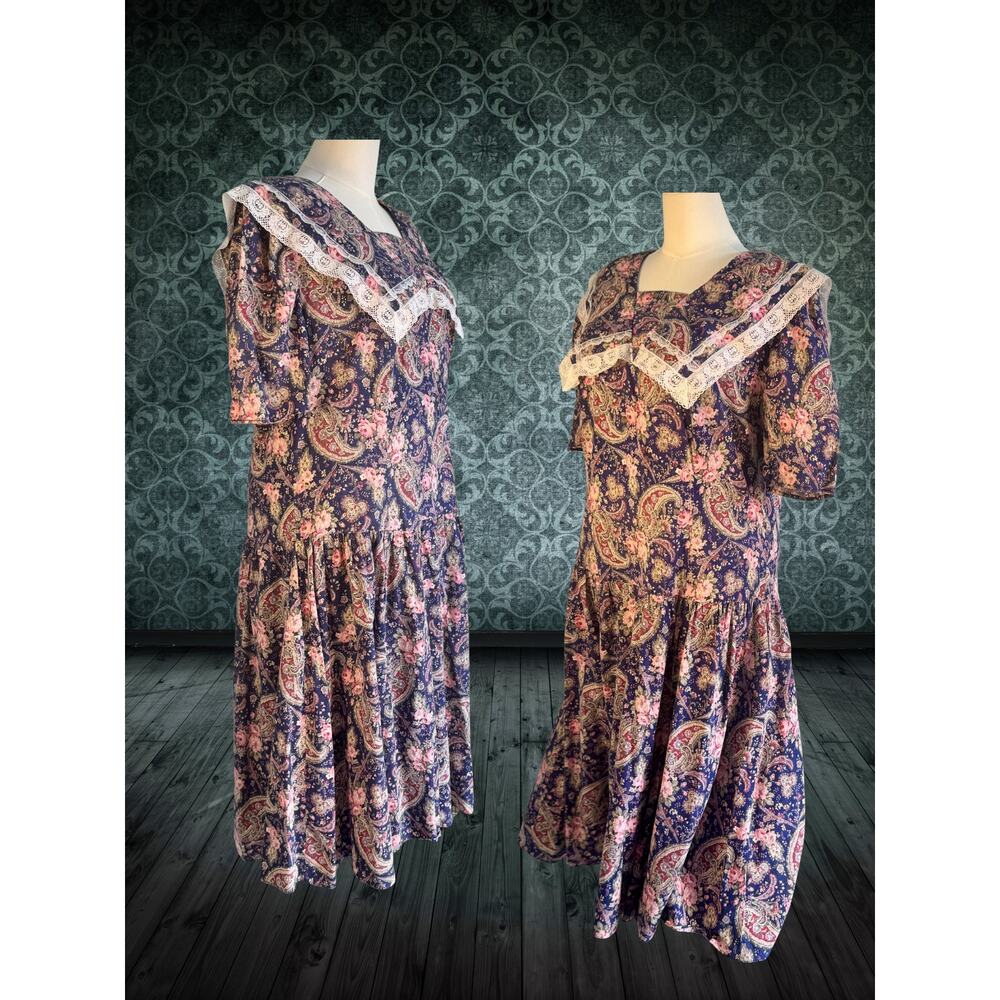 Volup Vintage 80s Lady Dorby Purple Paisley Lace Collar Drop Waist Dress 20W - Picture 7 of 7